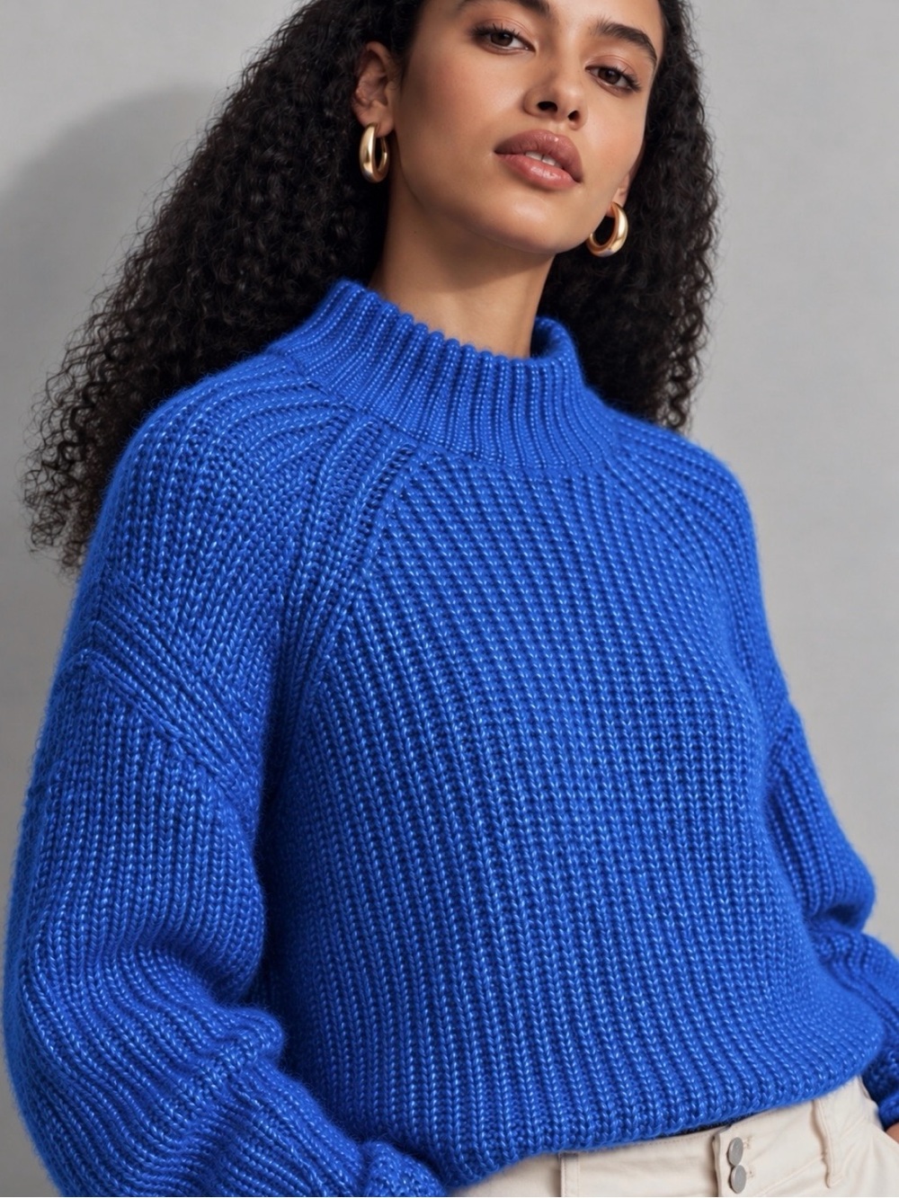 Anthropologie PIECES Electric Blue Chunky Knit Mock Neck Sweater Size M - Picture 3 of 10
